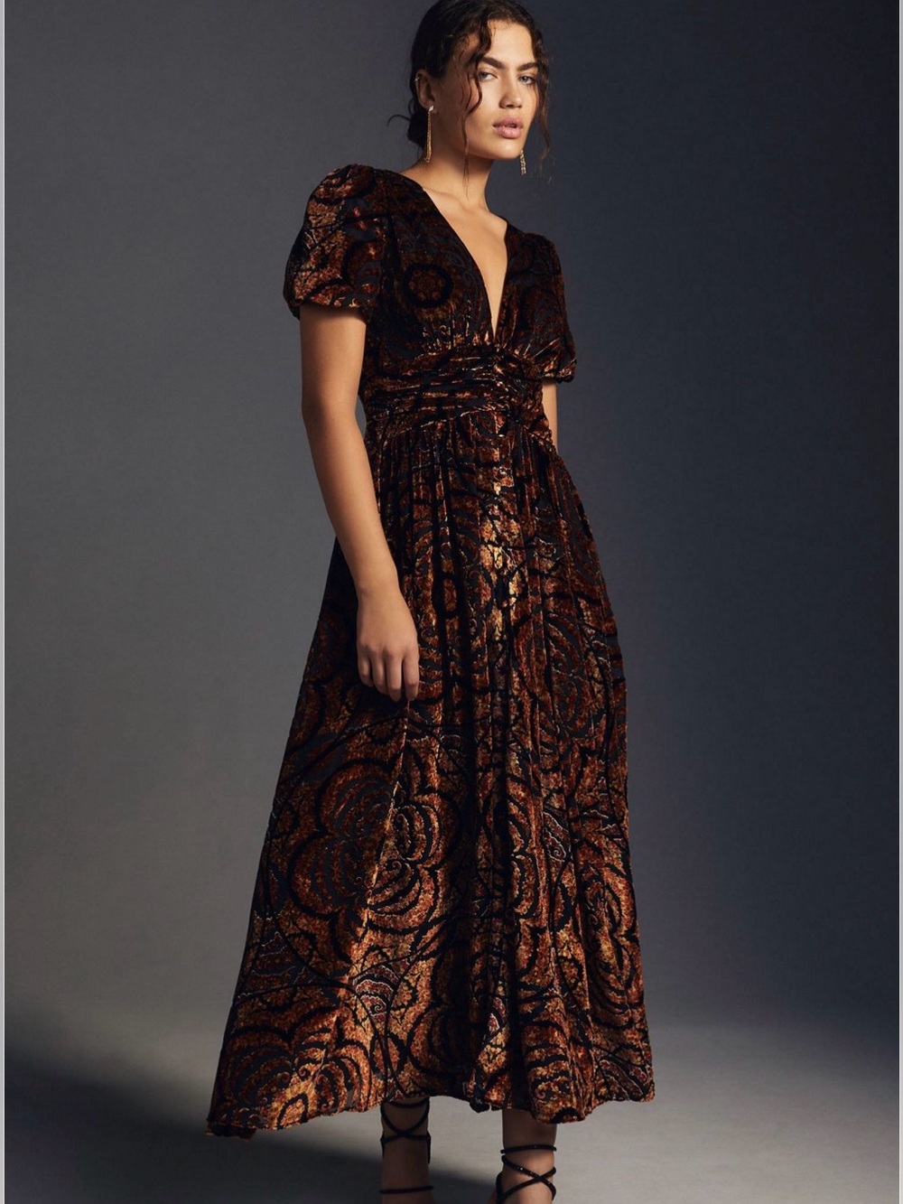 Anthropologie Catalina Burnout Copper and Black Floral Velvet Maxi Dress